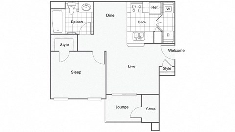 Floor plan for 1 bed, 1 bath, 620 sqft